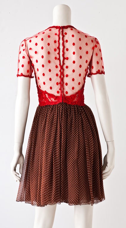 Women's Geoffrey Beene Red lace and brown polka dot chiffon dress