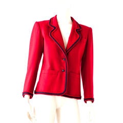 Yves St. laurent red wool jacket with red+ navy braided trim