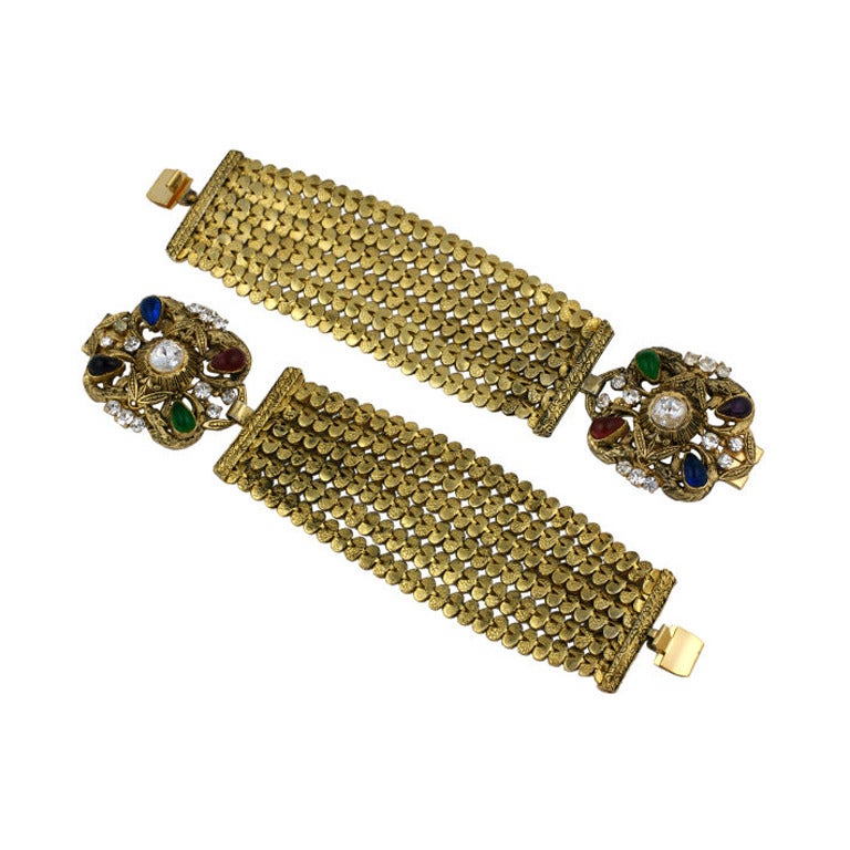 Pair Chanel Ornate Poured Glass and Strass Bracelets For Sale