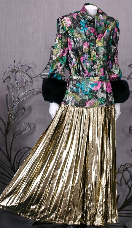 Adolfo Floral Lame and Mink Ensemble In Excellent Condition For Sale In New York, NY