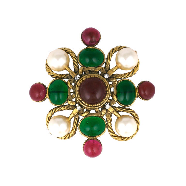 Chanel Poured Glass and Faux Pearl Crest Brooch