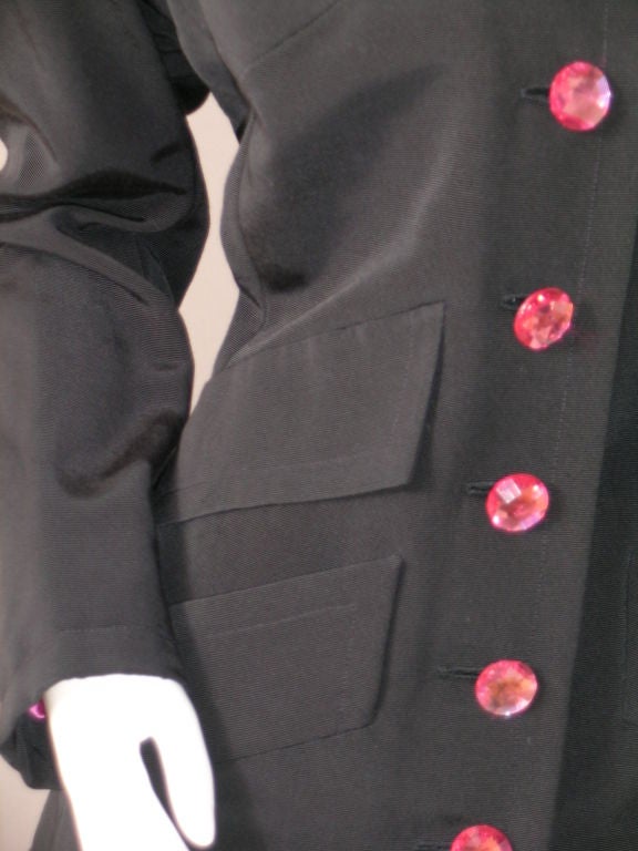 Yves Saint Laurent Haute Couture Black Silk Faille Jacket Pink Jewelled Buttons 1