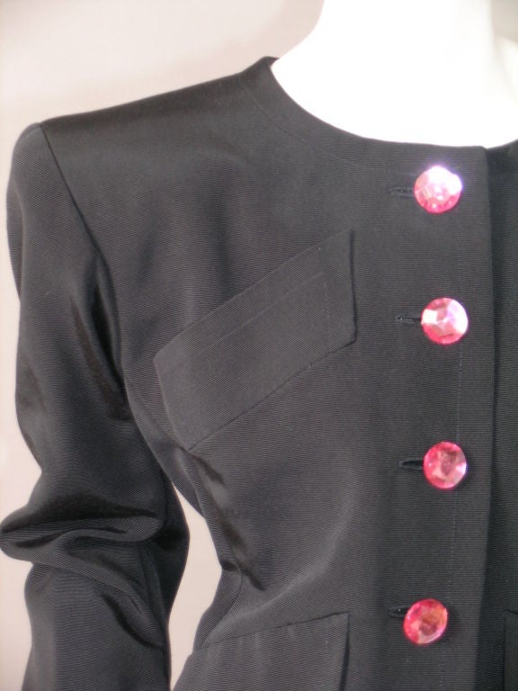 Yves Saint Laurent Haute Couture Black Silk Faille Jacket Pink Jewelled Buttons In Excellent Condition In New Hope, PA