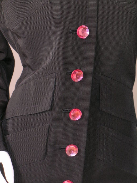 Women's Yves Saint Laurent Haute Couture Black Silk Faille Jacket Pink Jewelled Buttons