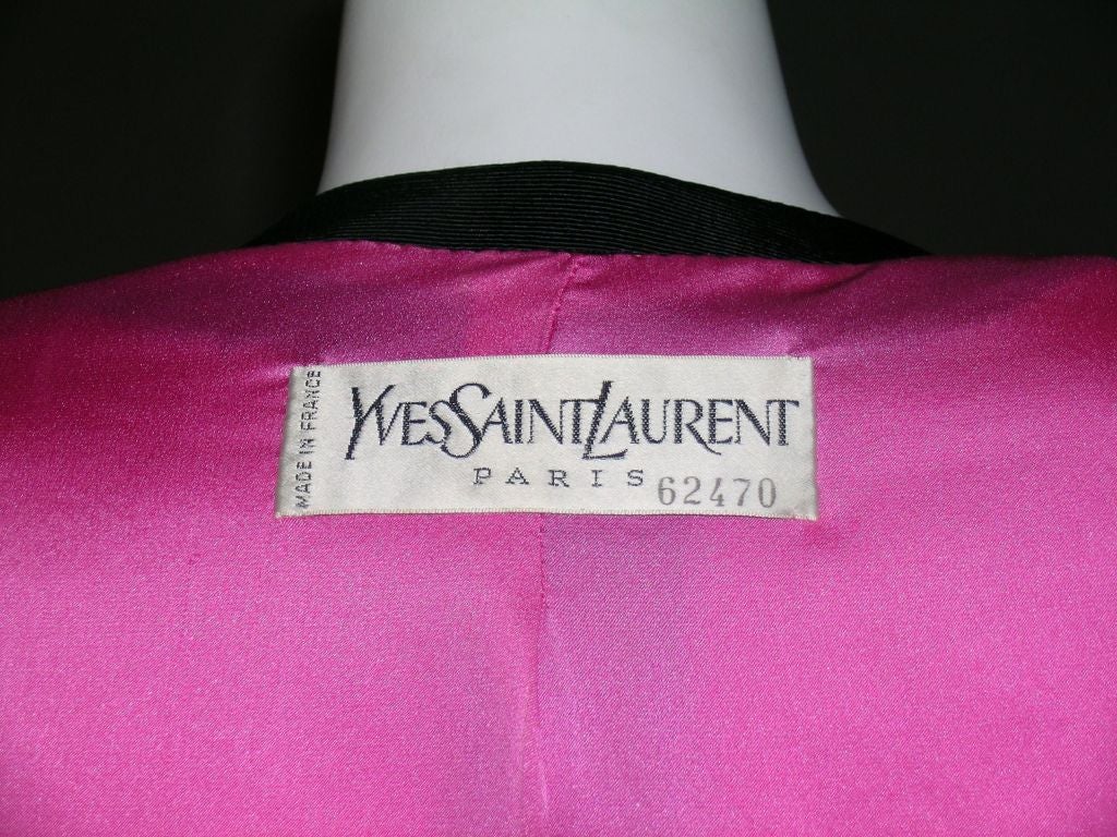 Yves Saint Laurent Haute Couture Black Silk Faille Jacket Pink Jewelled Buttons 3