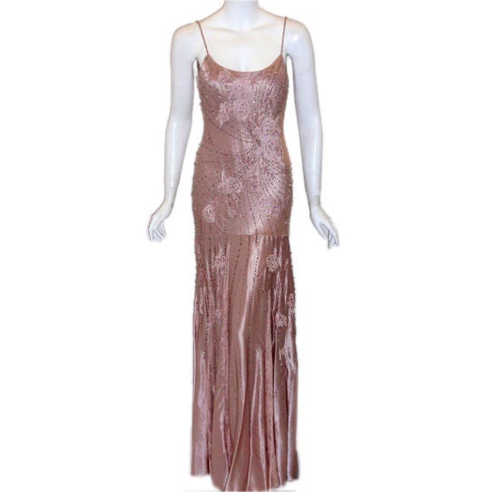 SUE WONG Pink Silk Gown, Flower Beading, Melanie Griffiths