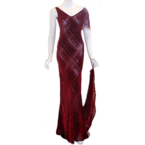GALINDO Red Burnout Velvet Beaded Shoulder Bias Cut Gown, Melanie Griffith For Sale