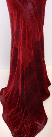 GALINDO Red Burnout Velvet Beaded Shoulder Bias Cut Gown, Melanie Griffith For Sale 1