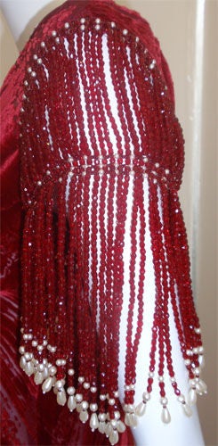 GALINDO Red Burnout Velvet Beaded Shoulder Bias Cut Gown, Melanie Griffith In Excellent Condition For Sale In Los Angeles, CA