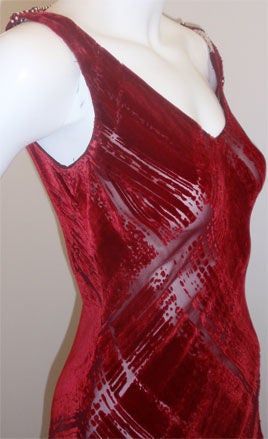 Brown GALINDO Red Burnout Velvet Beaded Shoulder Bias Cut Gown, Melanie Griffith For Sale