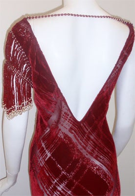 Women's GALINDO Red Burnout Velvet Beaded Shoulder Bias Cut Gown, Melanie Griffith For Sale