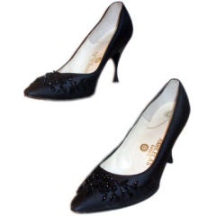 Harilela's Black Satin Beaded Pumps, Circa 1960