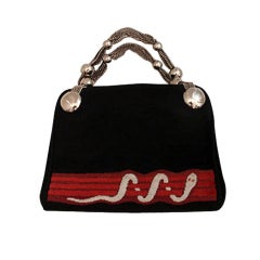 Vintage Charles Jourdan Black Cloth Handbag with Snake, Circa 1970