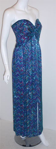 Blue Bob Mackie Strapless Beaded Gown, Circa 1980 For Sale