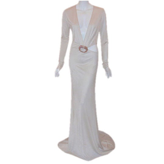 Gucci White Jersey Gown with Gold and Rhinestone, Circa 2000