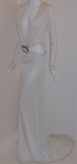 Women's Gucci White Jersey Gown with Gold and Rhinestone, Circa 2000