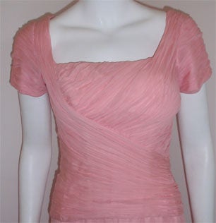 Women's Ceil Chapman Pink Chiffon Draped Pin Tucked Bodice Cocktail Dress, 1960's For Sale