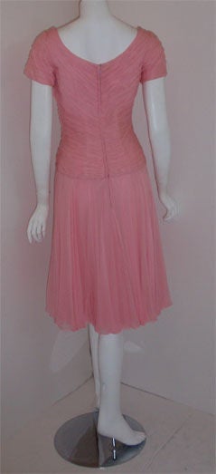 Ceil Chapman Pink Chiffon Draped Pin Tucked Bodice Cocktail Dress, 1960's In Excellent Condition For Sale In Los Angeles, CA