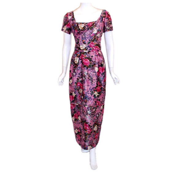 Ceil Chapman Long Pink Silk Floral Print Drape Waist Gown , Circa 1940's For Sale