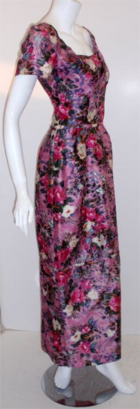 Ceil Chapman Long Pink Silk Floral Print Drape Waist Gown , Circa 1940's In Excellent Condition For Sale In Los Angeles, CA