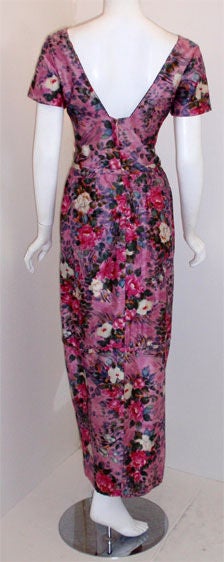 Ceil Chapman Long Pink Silk Floral Print Drape Waist Gown , Circa 1940's For Sale 1