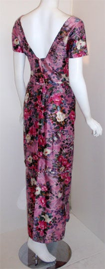 Women's Ceil Chapman Long Pink Silk Floral Print Drape Waist Gown , Circa 1940's For Sale