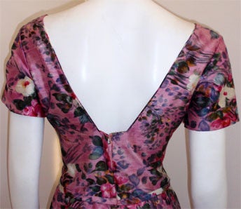 Ceil Chapman Long Pink Silk Floral Print Drape Waist Gown , Circa 1940's For Sale 4