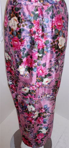 Ceil Chapman Long Pink Silk Floral Print Drape Waist Gown , Circa 1940's For Sale 5