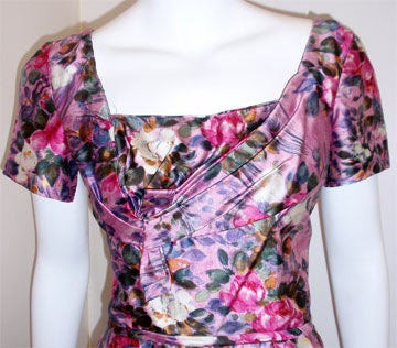 Ceil Chapman Long Pink Silk Floral Print Drape Waist Gown , Circa 1940's For Sale 2