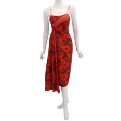 Ceil Chapman Red Floral Cocktail Dress, Circa 1960