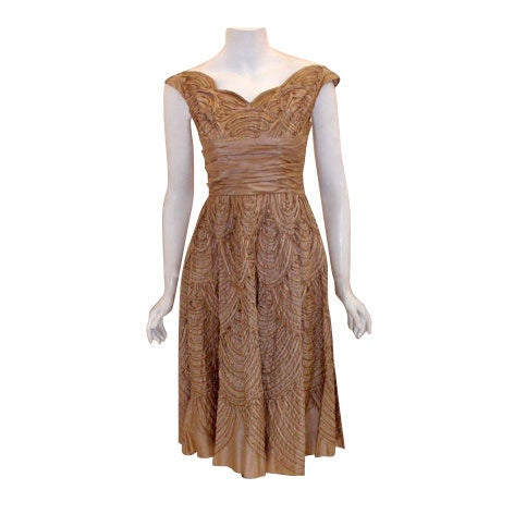 Ceil Chapman Beige Silk Ribbon Cocktail Dress, Circa 1960