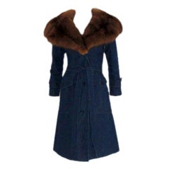 Retro Galanos Blue Denim Trench Coat with a Sable Fur Collar, Circa 1980