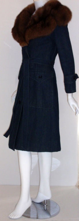 Galanos Blue Denim Trench Coat with a Sable Fur Collar, Circa 1980 In Excellent Condition In Los Angeles, CA