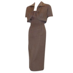 Don Loper Taupe Silk Wiggle Dress with Polka Dot Lined Jacket, Circa 1950 10