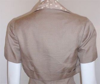 Don Loper Taupe Silk Wiggle Dress with Polka Dot Lined Jacket, Circa 1950 For Sale 1