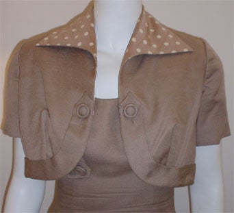 Brown Don Loper Taupe Silk Wiggle Dress with Polka Dot Lined Jacket, Circa 1950 For Sale