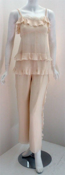 Beige Chanel Two Piece Ivory Silk Blouse and Pant set, Circa 2000