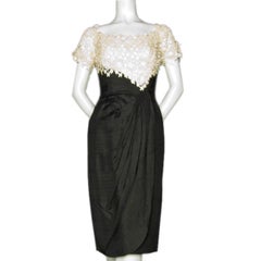 CHAPMAN Black Raw Silk Cocktail Gown-Off WhiteCotton Lace Bodice