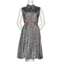 Carven Couture 1950s Gray Blue Dress with Red Poppy Print.