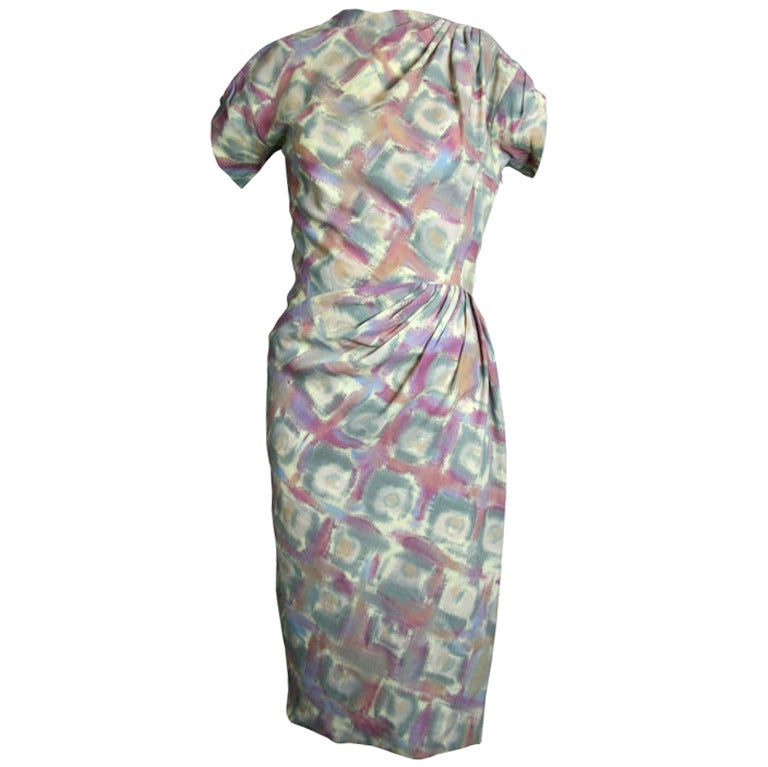 Madame Grès 1940s Pastel Print Wool Challis Dress For Sale