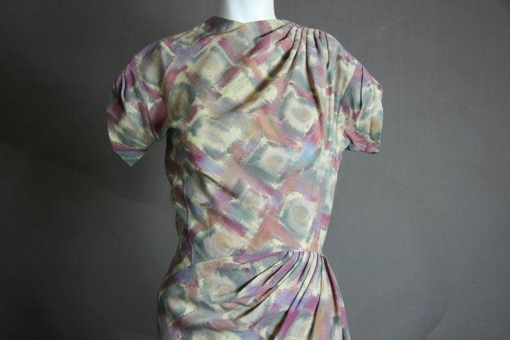 Women's Madame Grès 1940s Pastel Print Wool Challis Dress For Sale