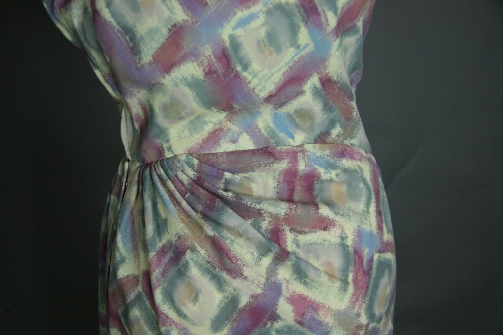 Madame Grès 1940s Pastel Print Wool Challis Dress For Sale 3