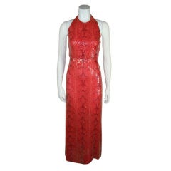 BLASS Coral Snakeskin Print Sequined Gown.