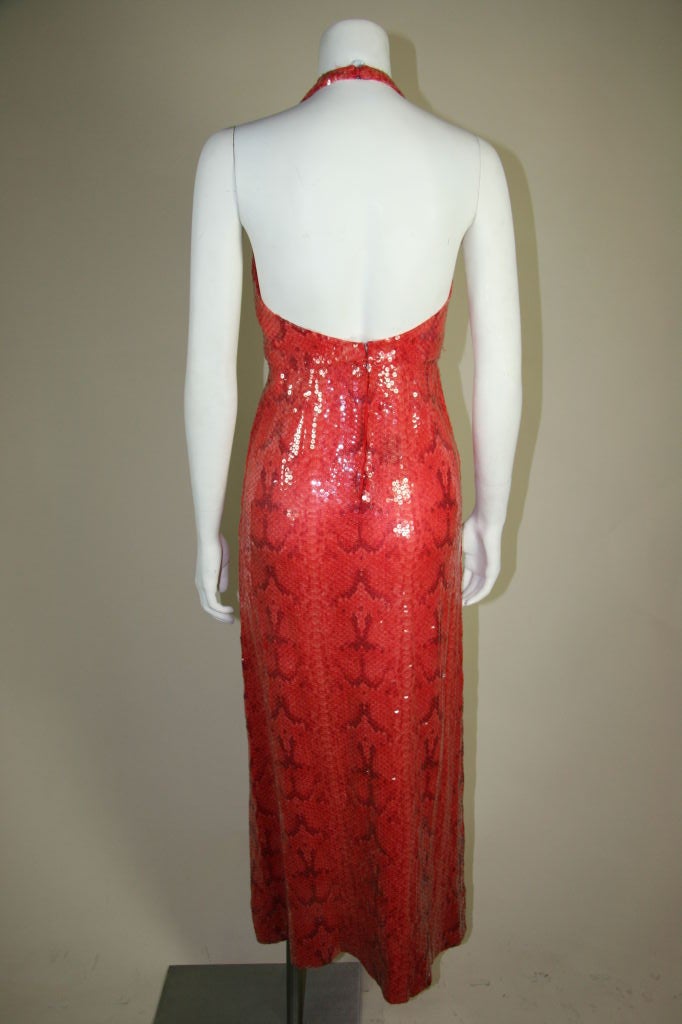 BLASS Coral Snakeskin Print Sequined Gown. 2