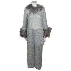 Used Leonard Silk Chiffon and Feather Pant Suit