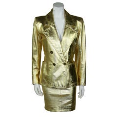 YSL Gold Metallic Leather Skirt Suit