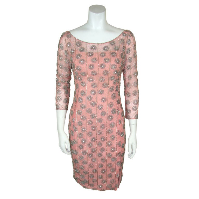 Valentino Couture 1960s Pink Tulle Beaded & Rhinestone Cocktail Dress 5