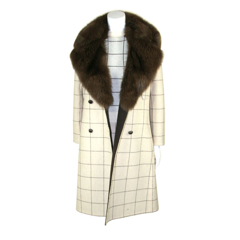 Galanos 3 Piece Cream and Brown Check Suit with Fox Fur Collar