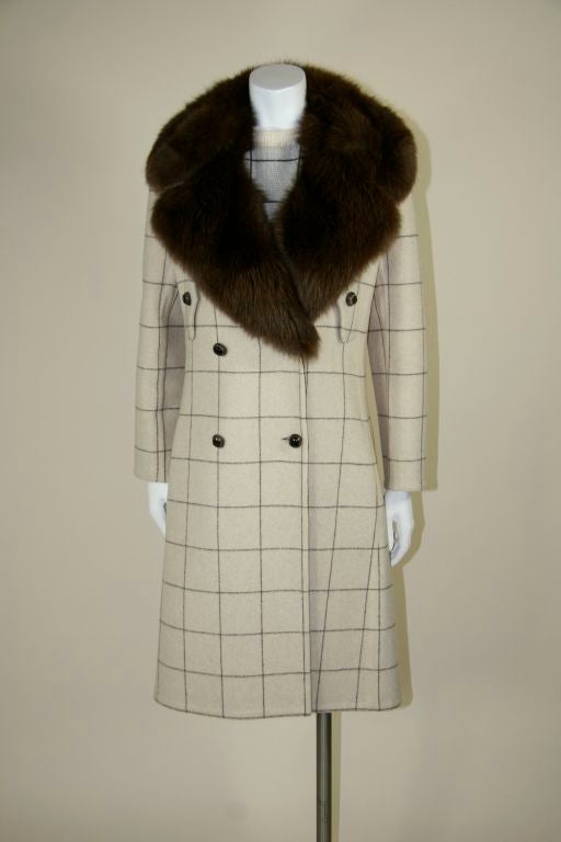 Galanos 3 Piece Cream and Brown Check Suit with Fox Fur Collar 2
