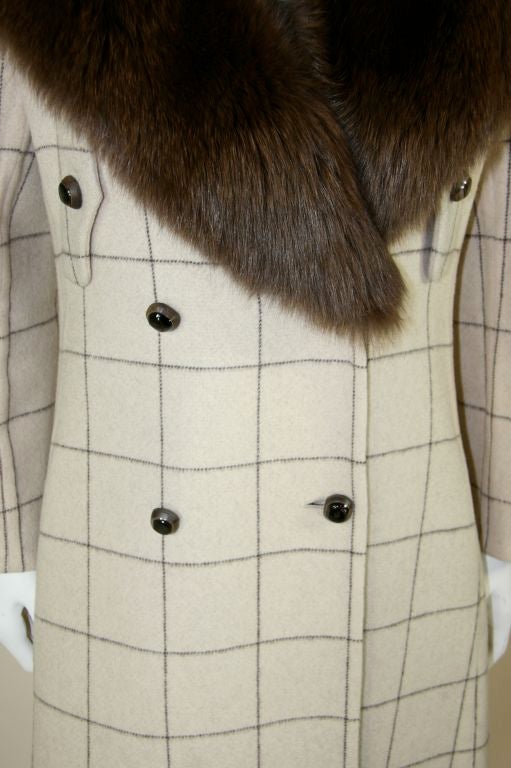 Galanos 3 Piece Cream and Brown Check Suit with Fox Fur Collar 3